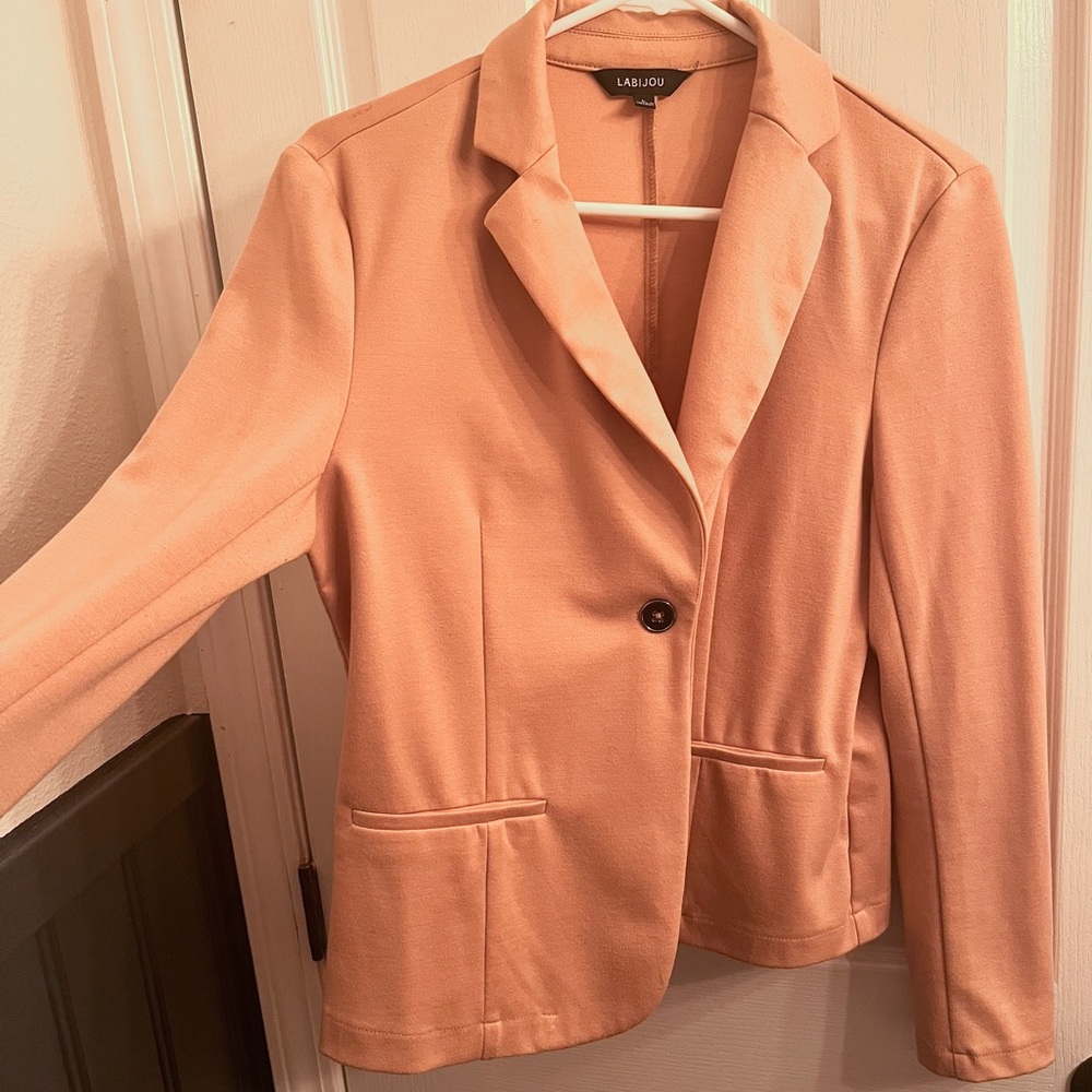 Tan blazer with single button, size large